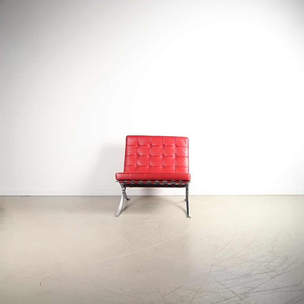 2x Knoll Barcelona Fauteuil Rood Leer – Chroom, Huis en Inrichting, Fauteuils, Niet ingevuld, Niet ingevuld, 75 tot 100 cm, Ophalen of Verzenden