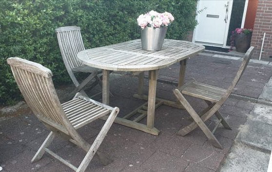 Teakhouten tuinset: tafel en 3 stoelen, Ophalen, Gebruikt, Teakhout, Inklapbaar