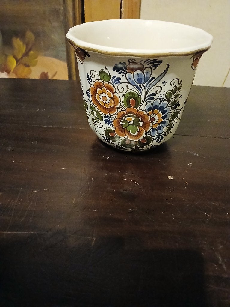 Delfts polychroom aardewerk bloempot ,H12xD13, Tuin en Terras, Bloempotten, Rond, Binnen, Ophalen of Verzenden, Zo goed als nieuw