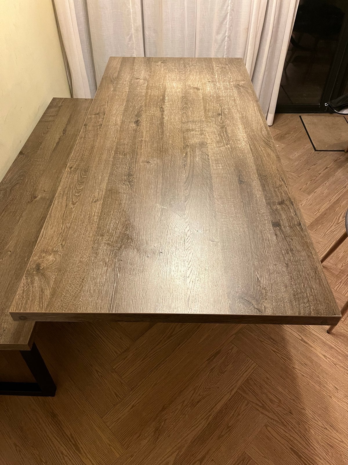 Dining set: table + bench, oak look with black pedestal base, Ophalen, Gebruikt, 50 tot 100 cm, Vijf personen of meer