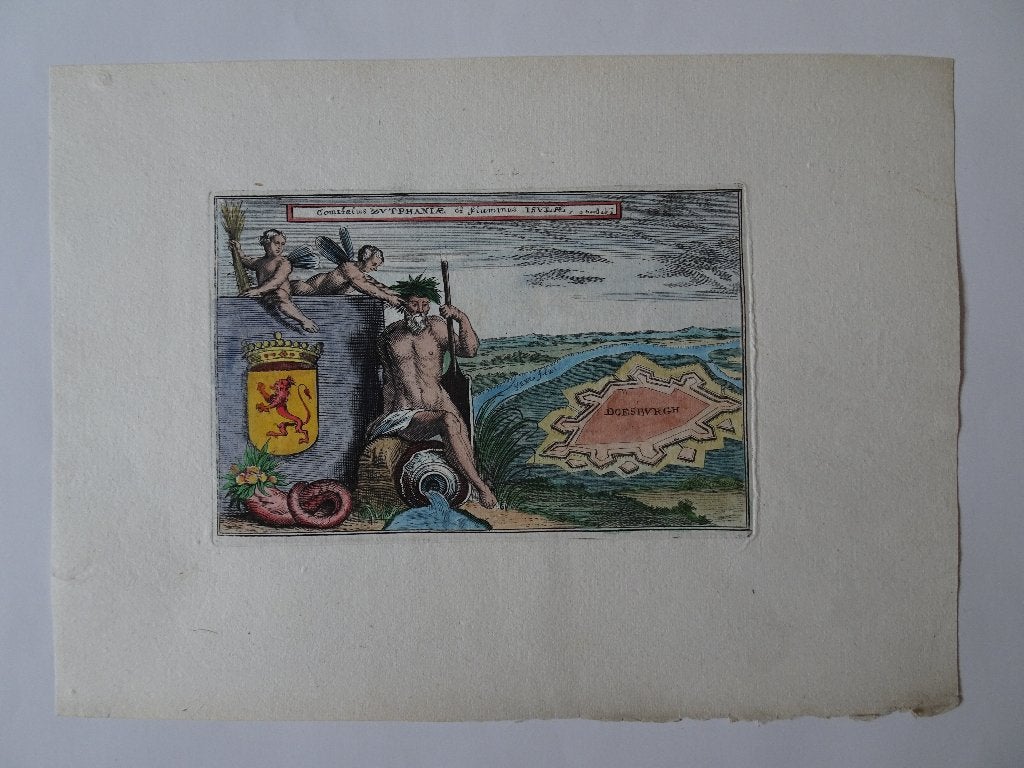 etskleur gravure allegorisch Zutphen, Doesburg Bouttats 1674, Cartografie, Gravure, Origineel, 1600 - 1699