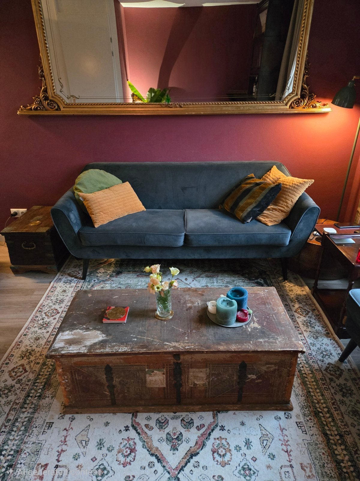 Stijlvolle WOOD bank in donkergroen fluweel + hokker, Ophalen of Verzenden, Stof