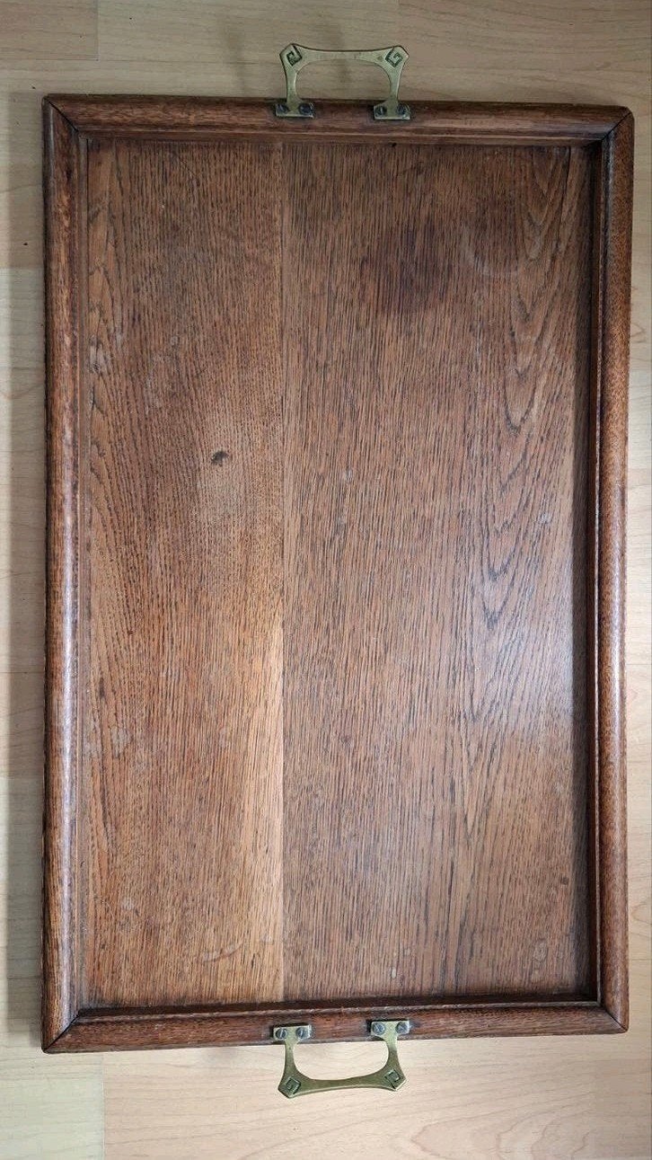 Antiek houten dienblad met messing handvatten, Ophalen of Verzenden