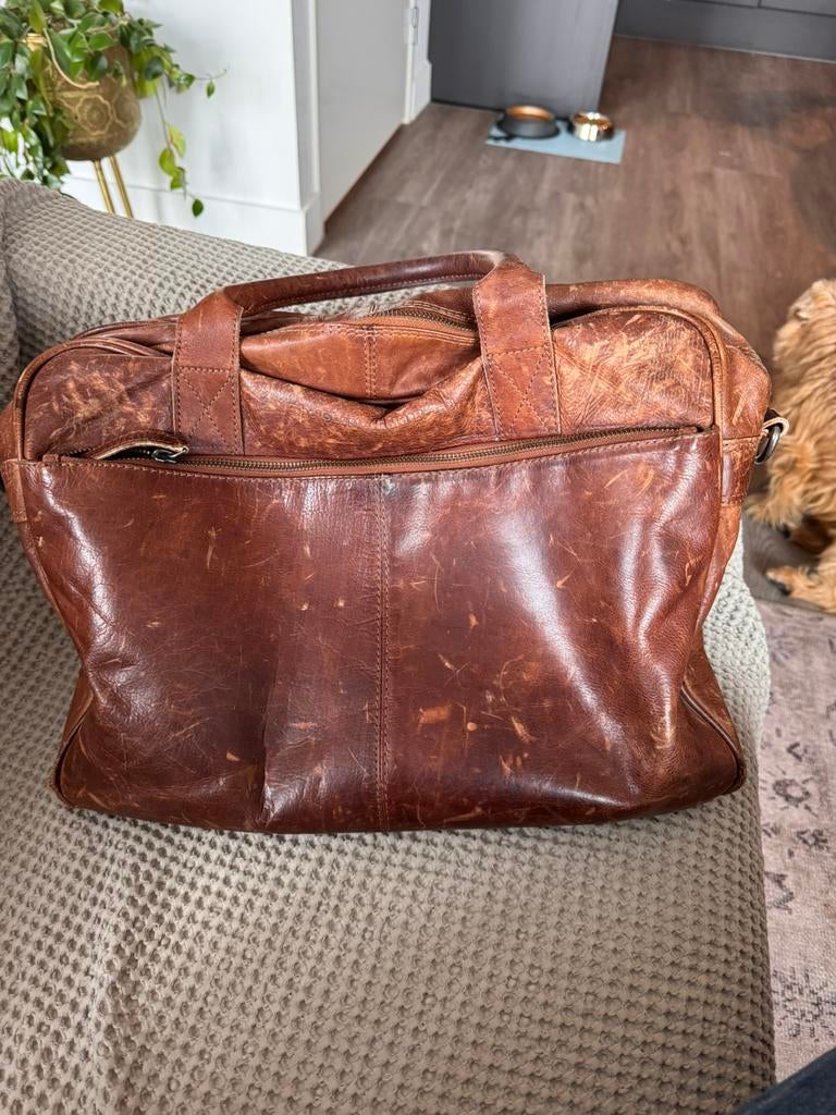 Oude lederen laptop tas mooi patine, Ophalen of Verzenden, Gebruikt