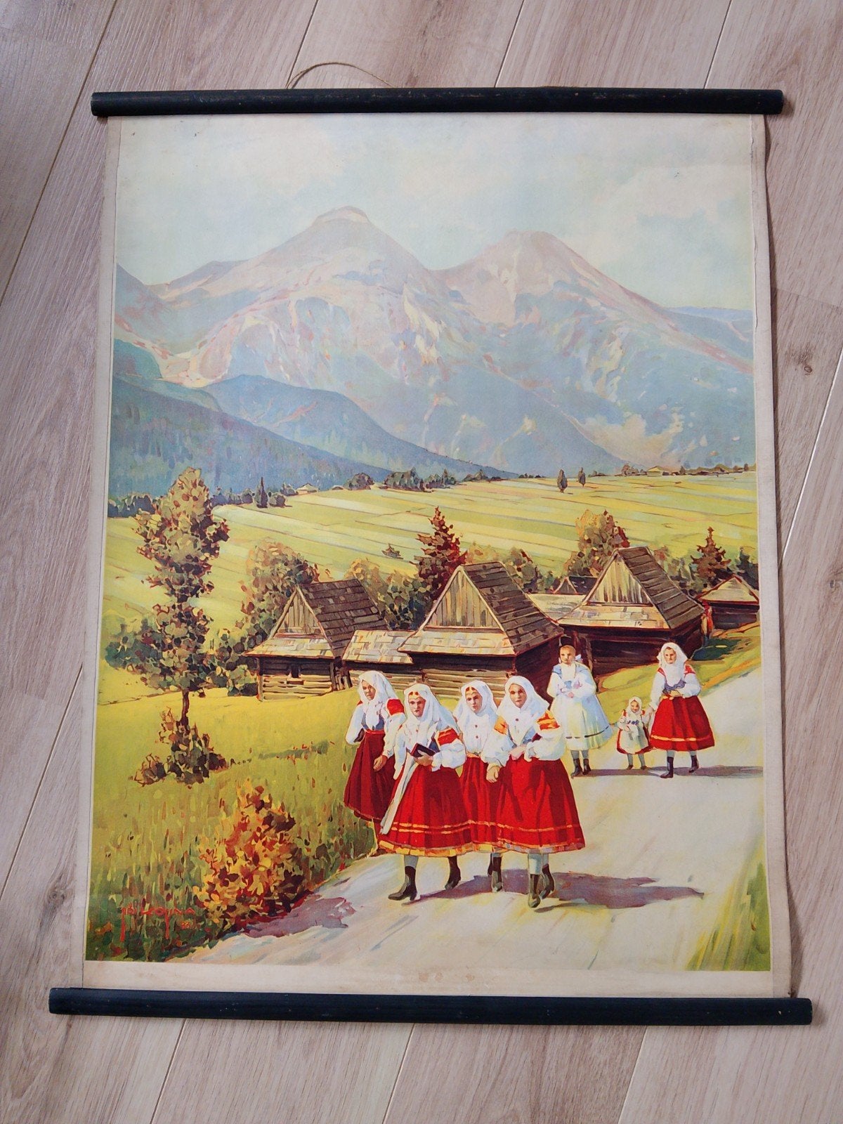 Vintage schoolplaat: Tsjechisch berglandschap met figuren, Ophalen of Verzenden, Natuur en Biologie