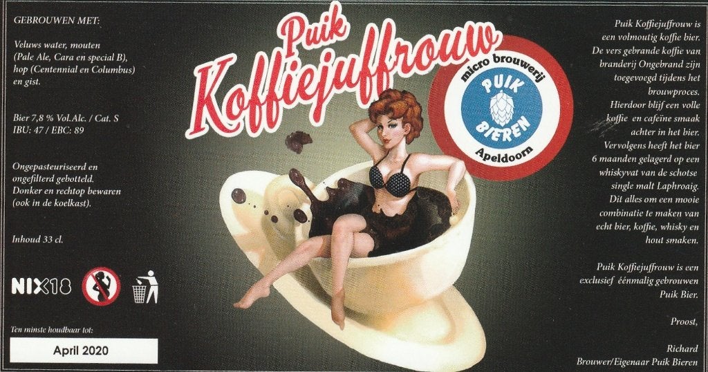 bieretiket Nederland Puik bieren Koffiejuffrouw, Verzamelen, Biermerken, Verzenden, Nieuw, Overige typen, Overige merken