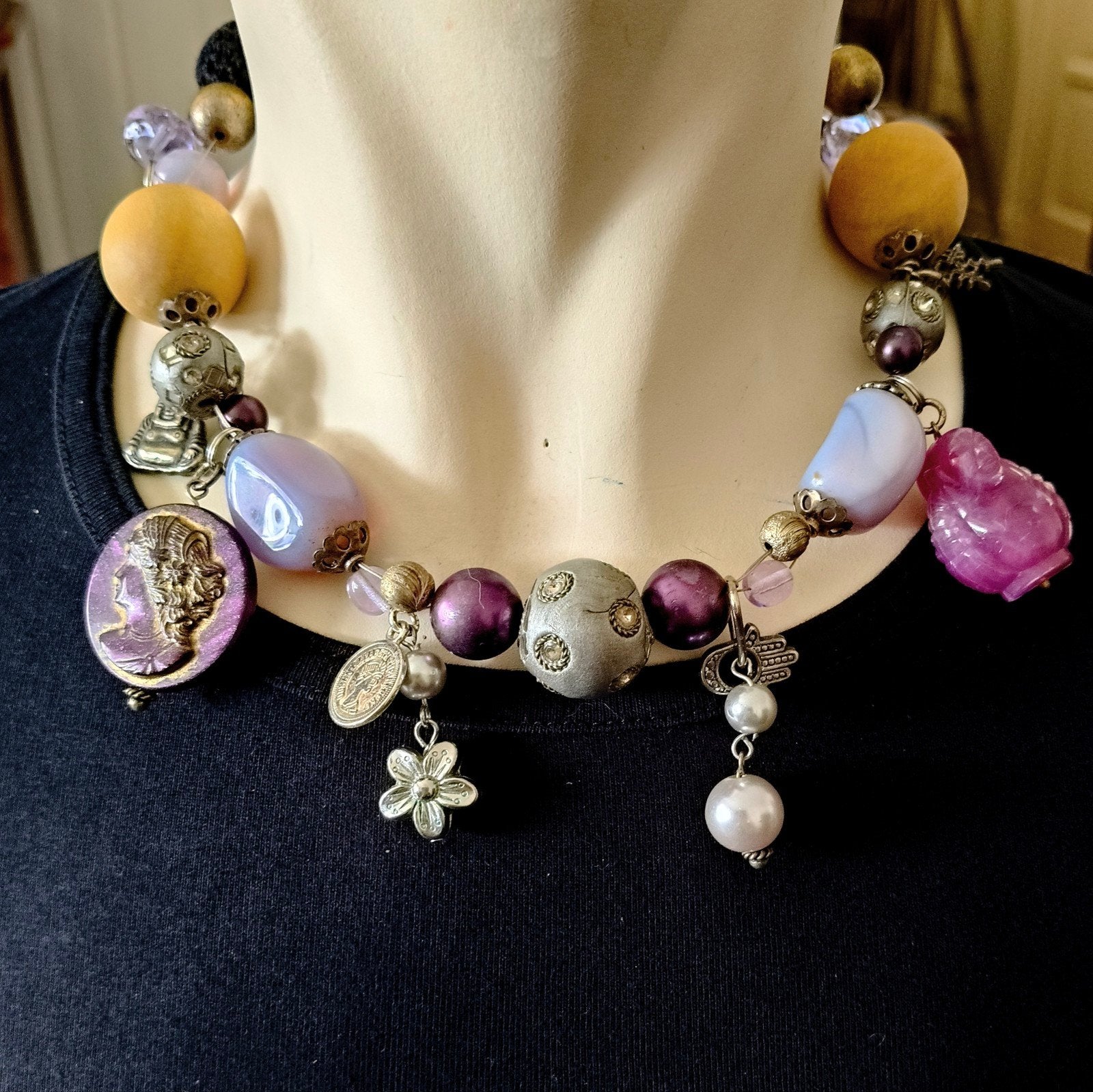 Unieke Statement Ketting met Diverse Kralen en Hangers, Verzenden, Zo goed als nieuw, Overige materialen