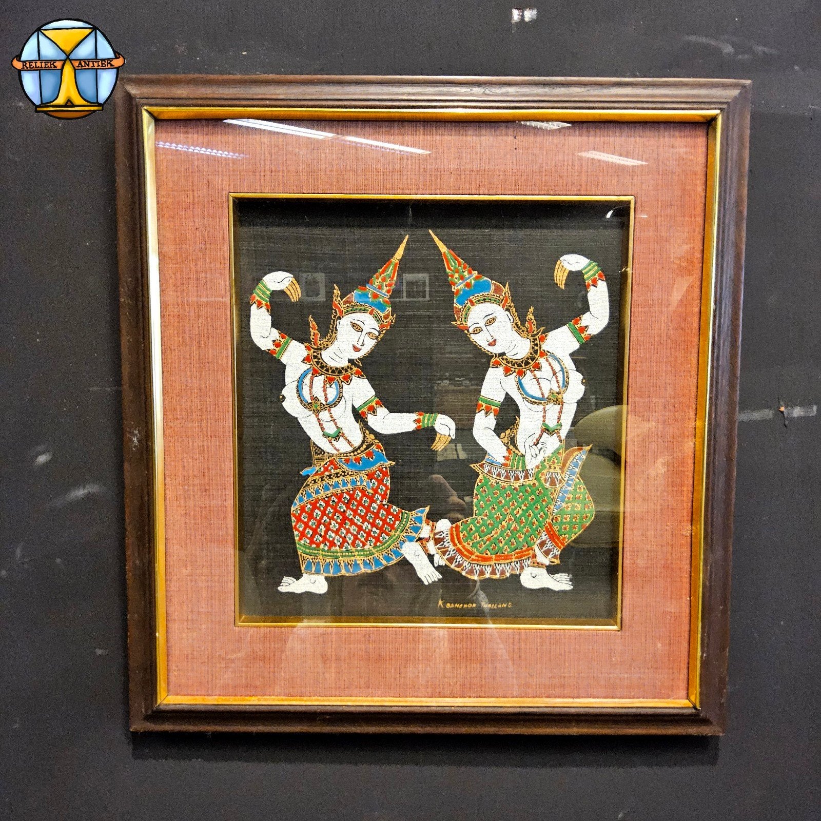 Vintage Thais zijde zeefdruk Kinnara / siam danseressen 1981, Ophalen of Verzenden