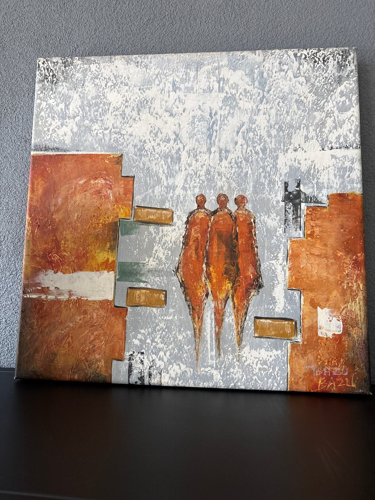 Abstract schilderij met figuren, gesigneerd lenuta bazu, Antiek en Kunst, Ophalen