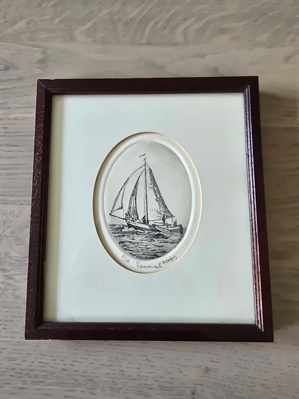 Ingelijste ets van zeilboot, gesigneerd en genummerd, Ophalen of Verzenden