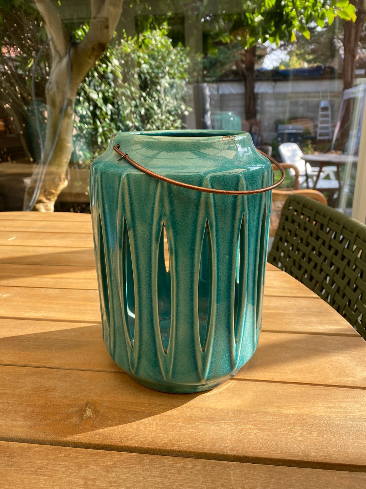 Windlicht/kaarslantaarn turquoise, Ophalen, Zo goed als nieuw, Steen/keramiek, Windlicht