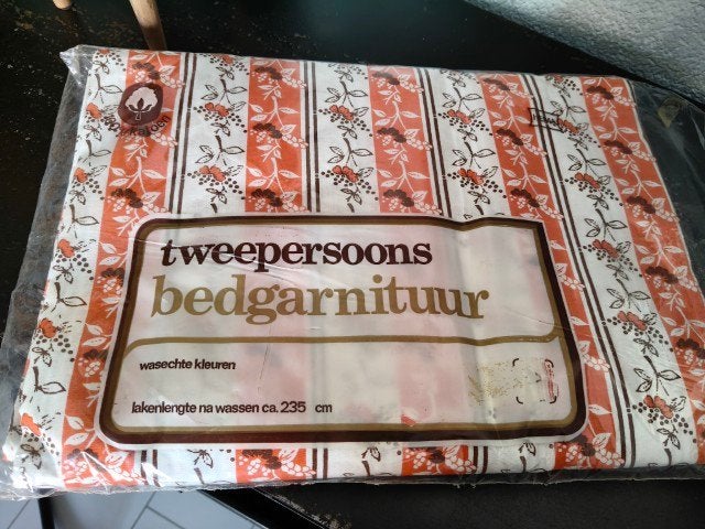 Vintage lakenset Hema bruin wit oranje tweepersoons, Overige typen, Katoen, Oranje, Ophalen of Verzenden