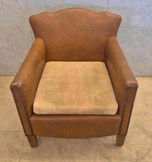 Vintage club fauteuil cognac, art deco, Ophalen, Minder dan 75 cm, N.v.t, Leer