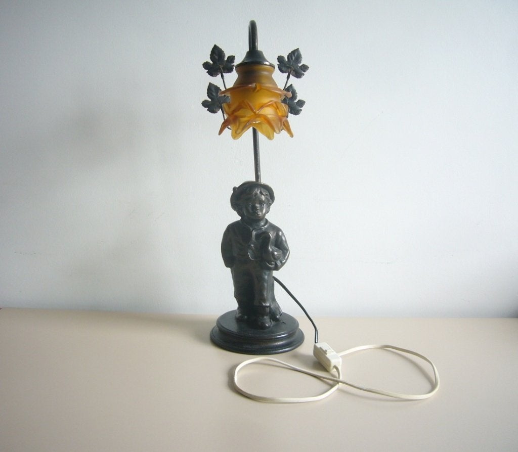 Tafellamp, leuk lampje met mannetje en gans, Gebruikt, Zwart, Glas, Inclusief lichtbron