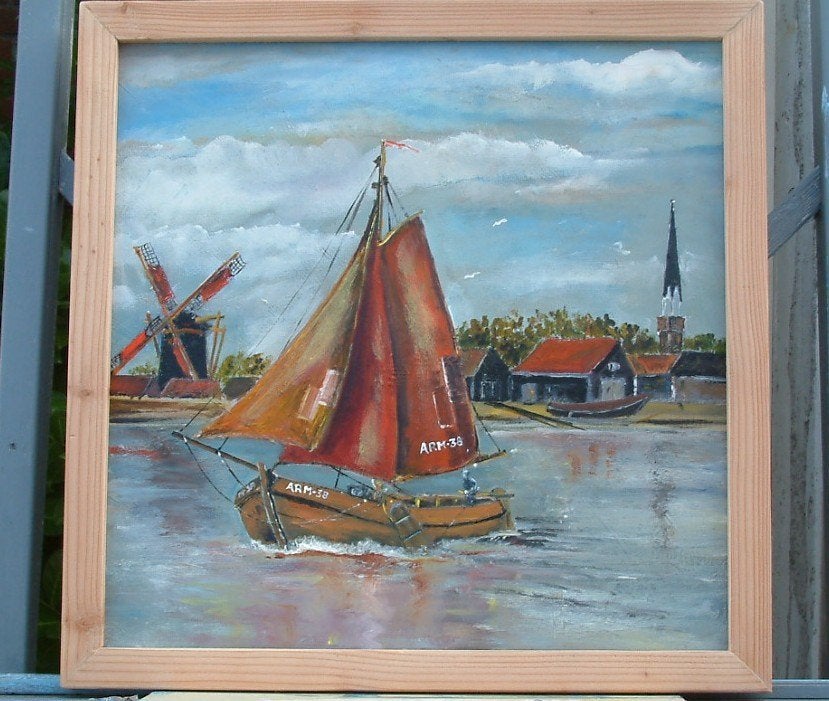 Arnemuiden op doek werf de toren enz, Ophalen, Maritiem / water, Doek, Gesigneerd