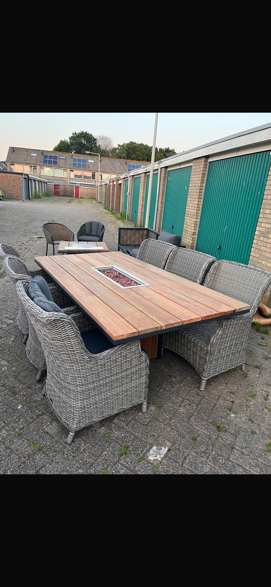 Luxe tuinset met vuurtafel en 8 stoelen, Ophalen, Eettafel, Tuinset, Hout