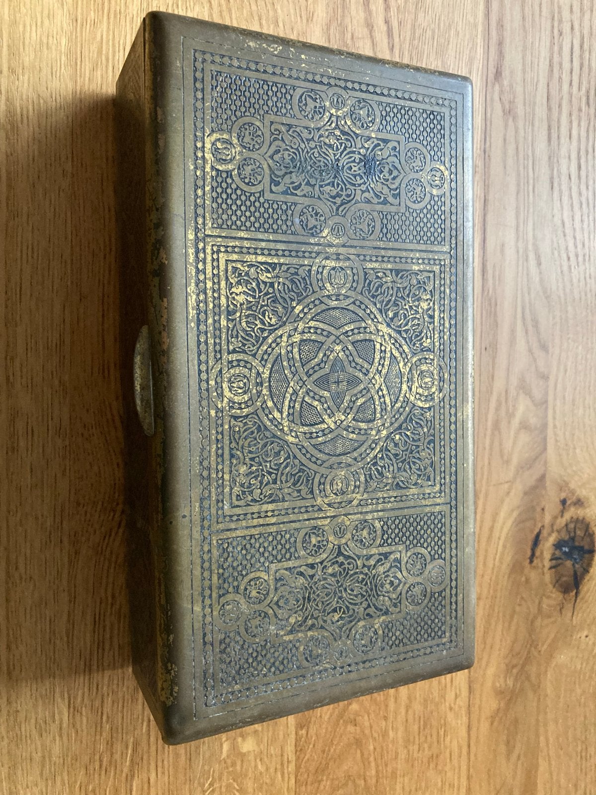 Antieke messing doos ~ houtinleg en decoratief patroon, Ophalen of Verzenden