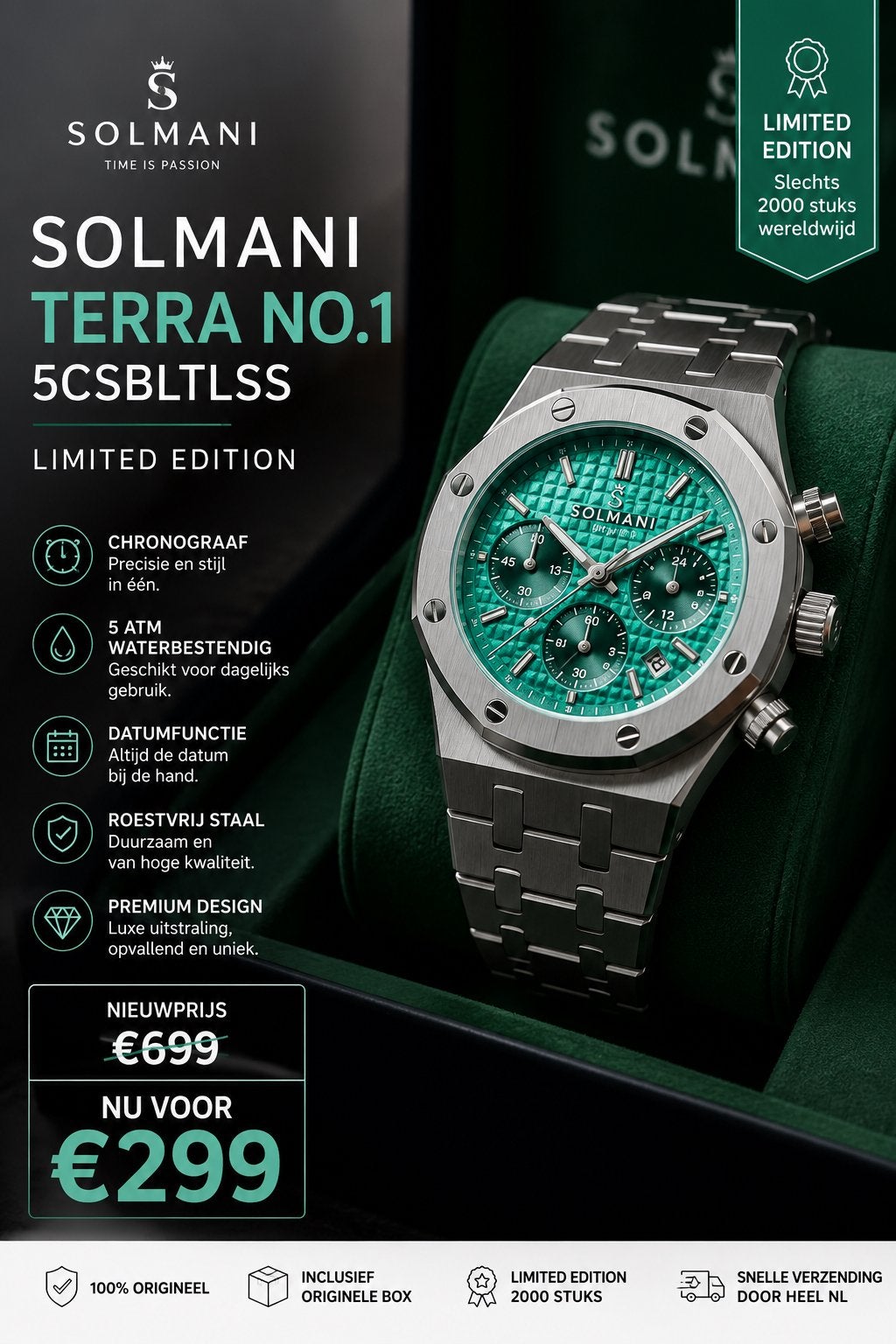 Solmani Terra No.1 – Limited Edition Herenhorloge (Nieuw), Overige merken, Staal, Polshorloge, Nieuw