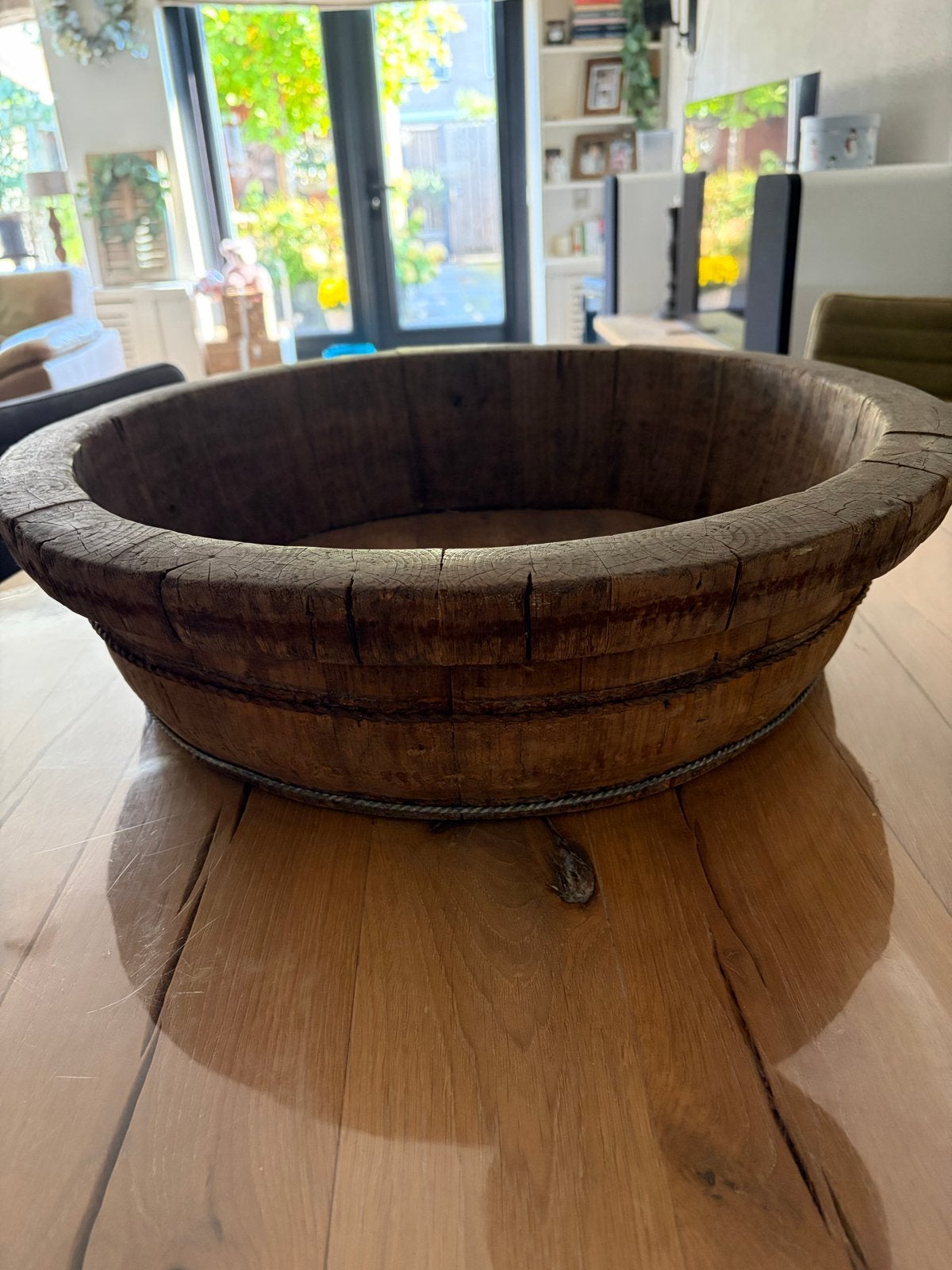 Grote antieke olijfbak, houten schaal, 60 cm diameter, Ophalen