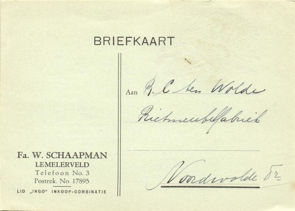 Fa. W. Schaapman, Lemelerveld - geen datum - geschreven en v, Postzegels en Munten, Brieven en Enveloppen | Nederland, Ophalen of Verzenden