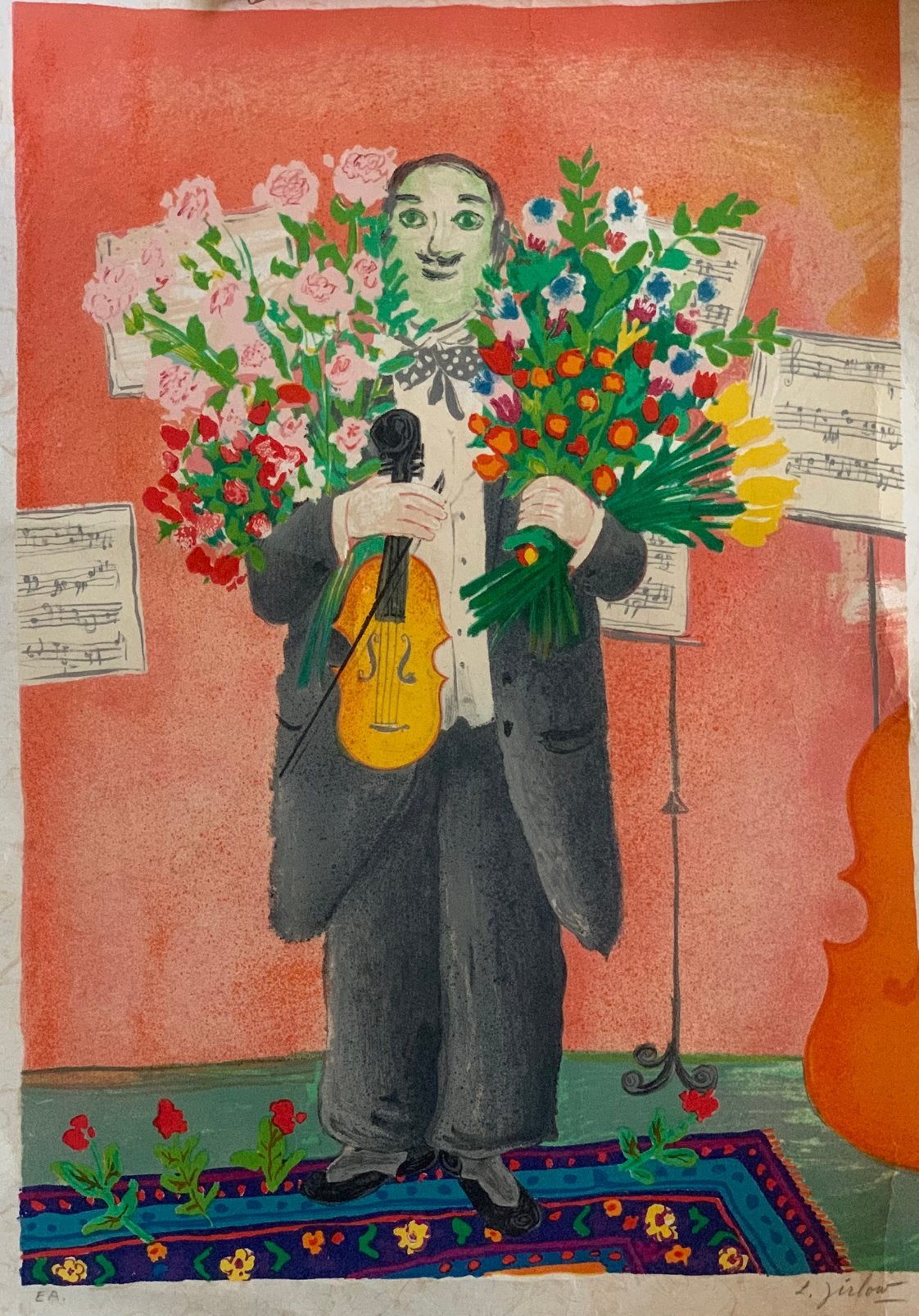 Lennart Jirlow Kleurenlitho Violist met bloemen., Portret en Figuren, Gesigneerd, Ophalen of Verzenden, Lithografie