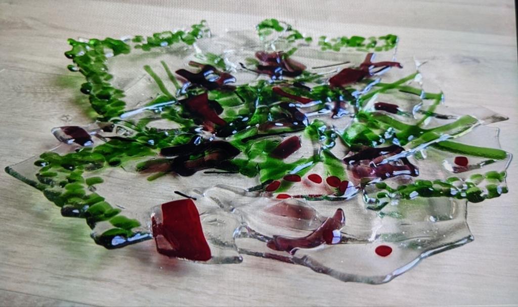Unieke Artistieke Schaal, glasfusion. Groen/Rood - Ø 36 cm, Ophalen