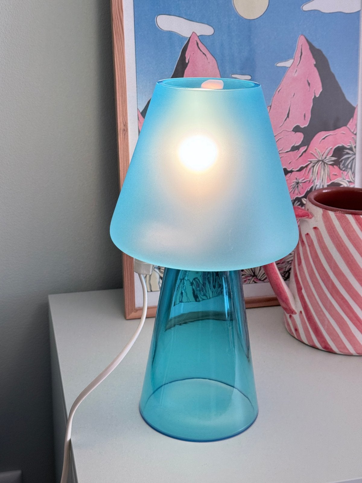 De Majo 'Eco' Murano glas turquoise paddenstoel lamp blauw, Ophalen of Verzenden
