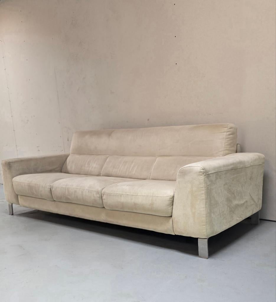 Beige 3-zits designbank 220 cm – reinigen nodig, Ophalen, Gebruikt, Driepersoons, 75 tot 100 cm
