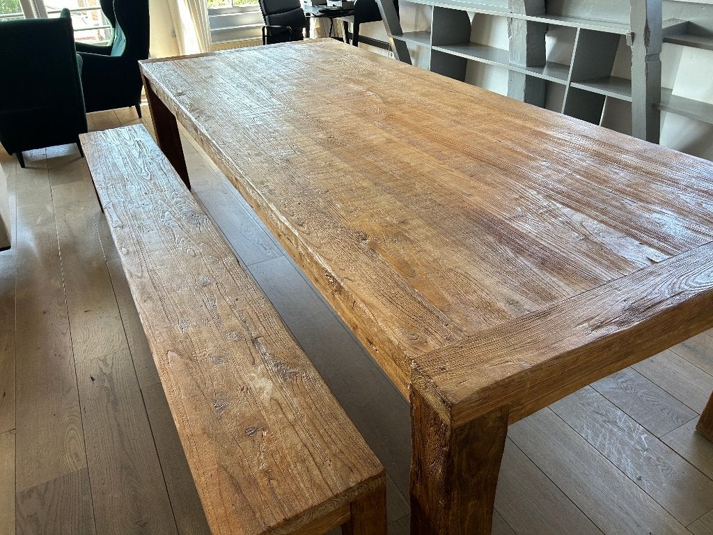 Robuuste teakhouten eet-vergader-stam-tafel met  bank, Huis en Inrichting, Gebruikt, 100 tot 150 cm, Teakhout, 200 cm of meer