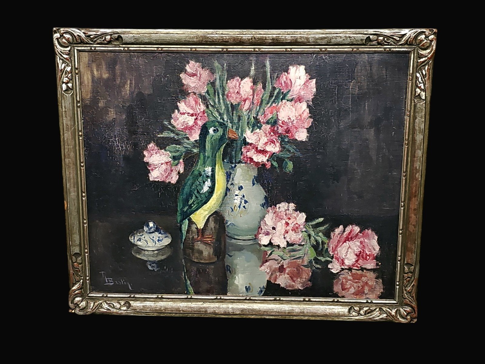 Antiek stilleven Bloemen en Vogel, gesigneerd, Doek, Ophalen of Verzenden, Olieverf, Klassiek
