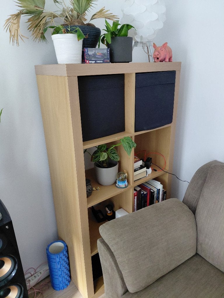 IKEA KALLAX 2x4 Shelf Unit, Oak-Look + Black Boxes, Ophalen, Gebruikt, 100 tot 150 cm, 50 tot 100 cm