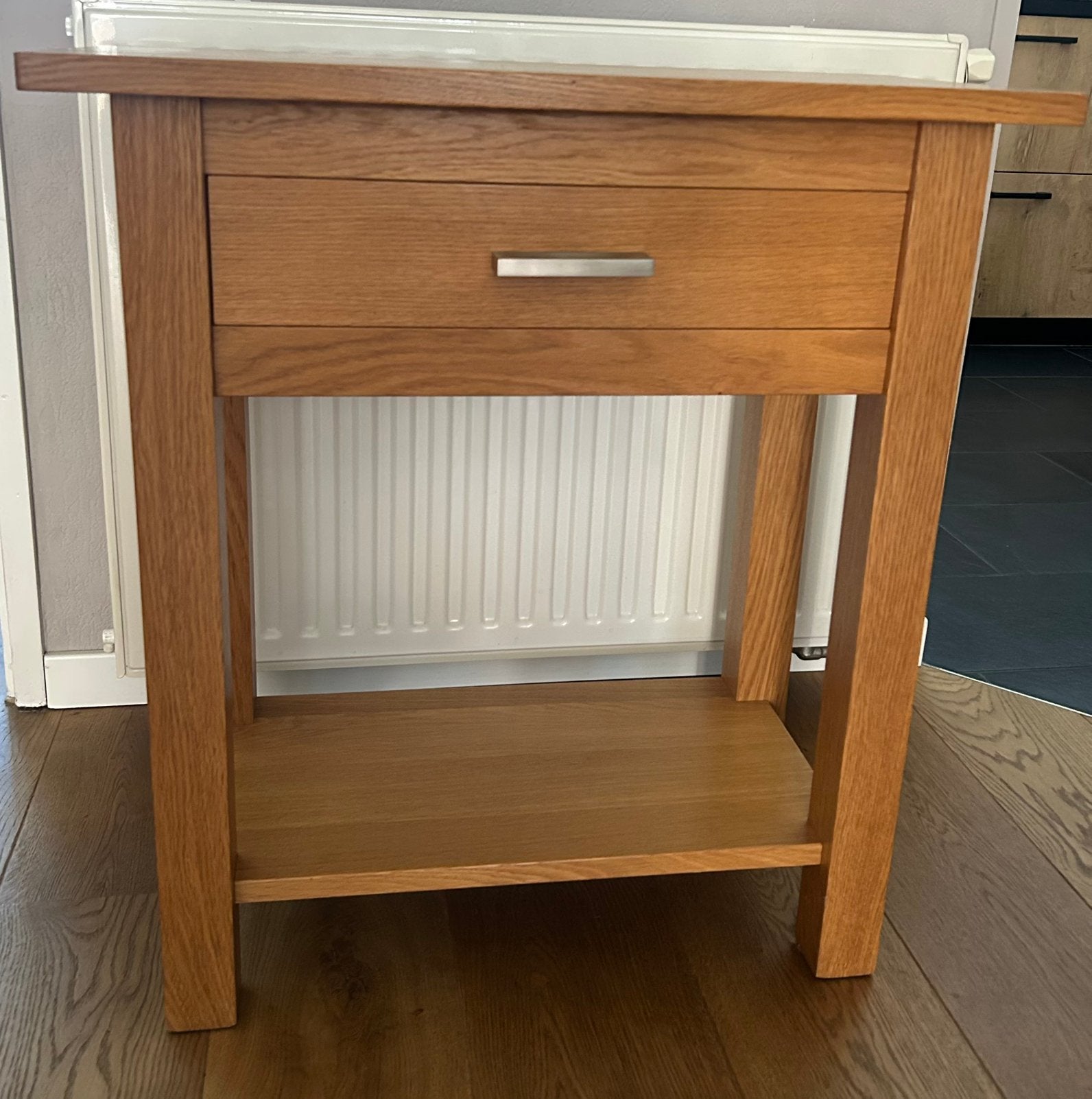Eiken sitetable / haltafel met lade, Huis en Inrichting, Tafels | Sidetables, Ophalen, Zo goed als nieuw, 25 tot 50 cm, Rechthoekig