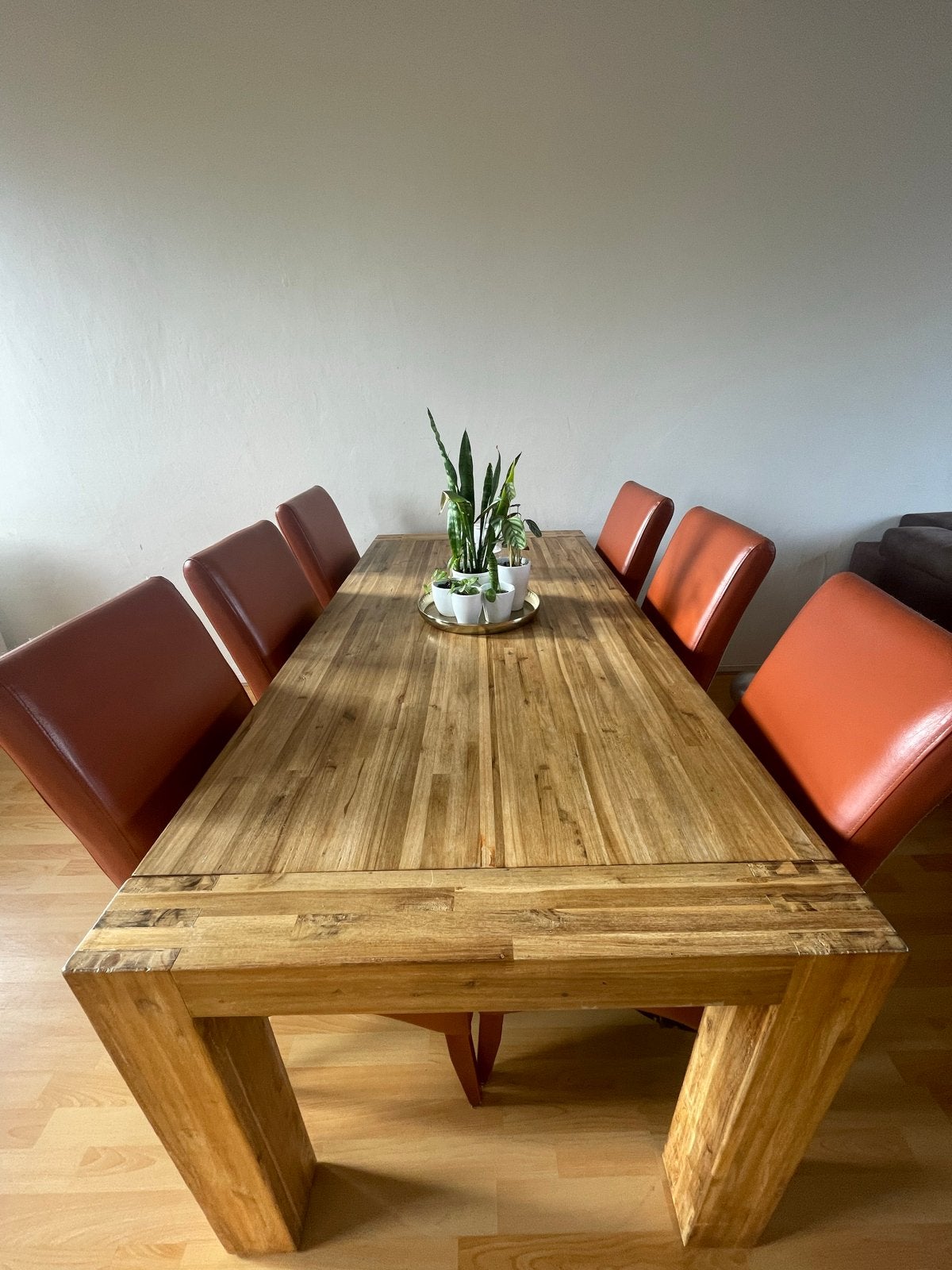 Robuuste eettafel van massief hout met 6 stoelen, Huis en Inrichting, Gebruikt, 100 tot 150 cm, 200 cm of meer, Ophalen of Verzenden