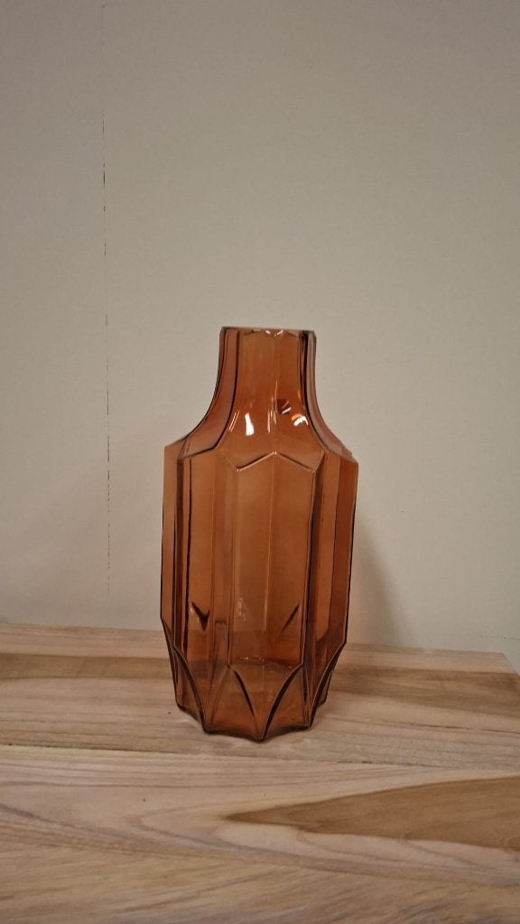 Amberkleurige glazen vaas facetvorm 25 cm nieuw, Ophalen, Bruin, 25 cm, Nieuw