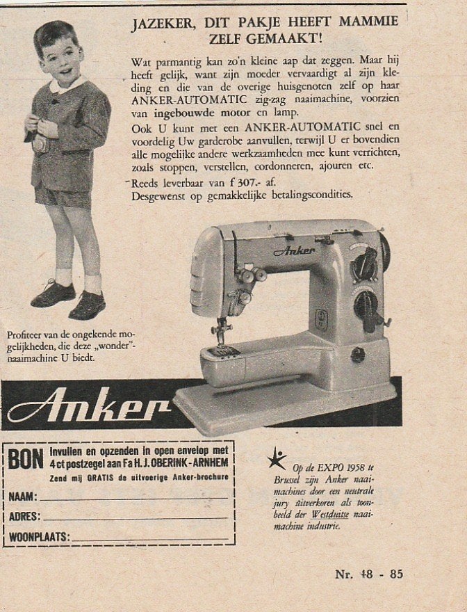 Retro reclame 1958 Anker naaimachine jongetje kleertjes, Verzenden, Overige typen