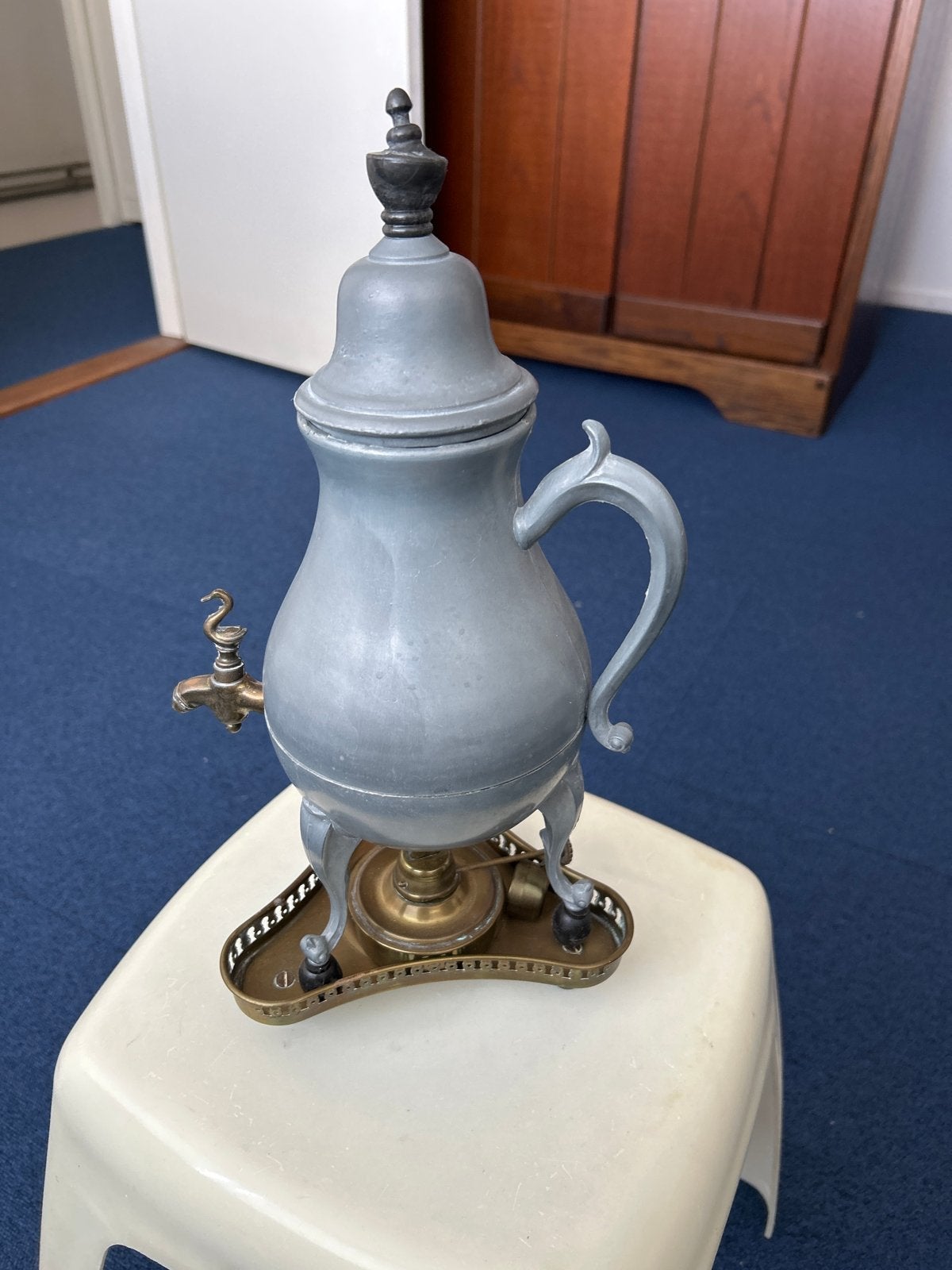 Antieke tinnen theeketel met brander/kraantjeskan, Ophalen of Verzenden