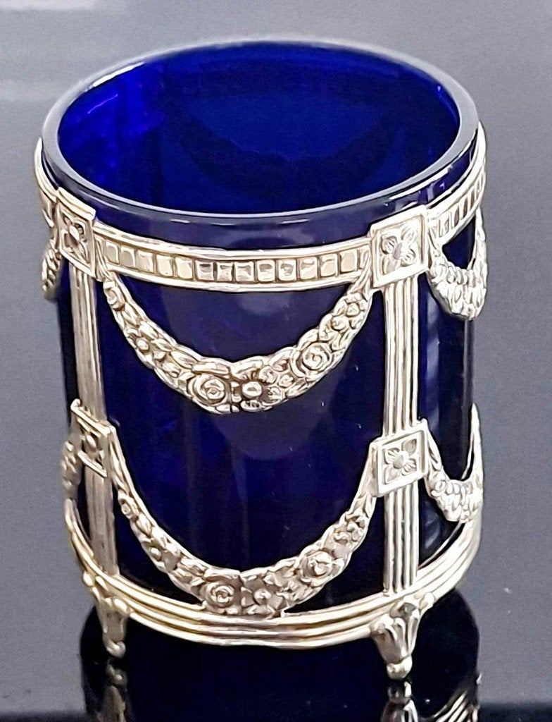 Zweeds Sterling Zilver Blauw Glas Potje Louis XVI Stijl, Ophalen of Verzenden, Zilver