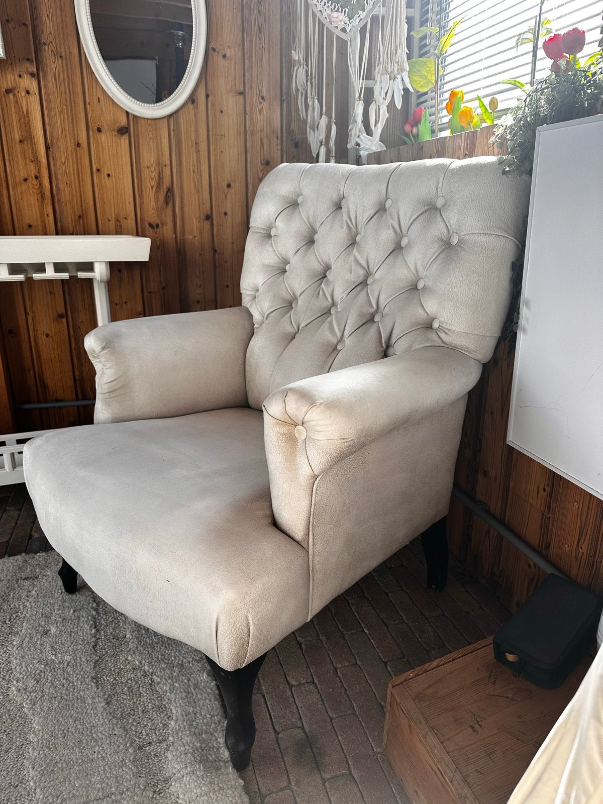 Comfortabele fauteuil - Crème/beige stof, Huis en Inrichting, Ophalen, Gebruikt, Stof, 75 tot 100 cm