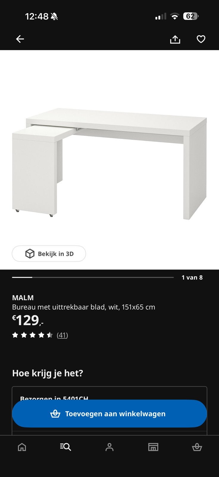 Bureau MALM ikea, Ophalen, Gebruikt, 65 cm, Schoolbureau
