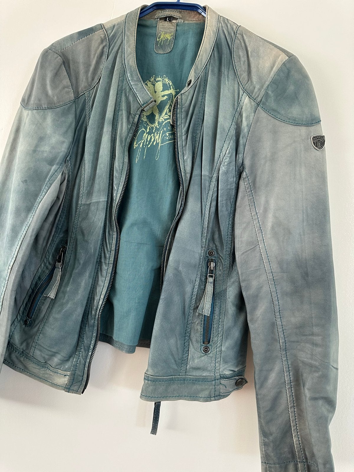 Gipsy echt leren jasje petrol kleur, valt kleiner dan L, Kleding | Dames, Ophalen of Verzenden, Gedragen, Maat 38/40 (M), Overige kleuren