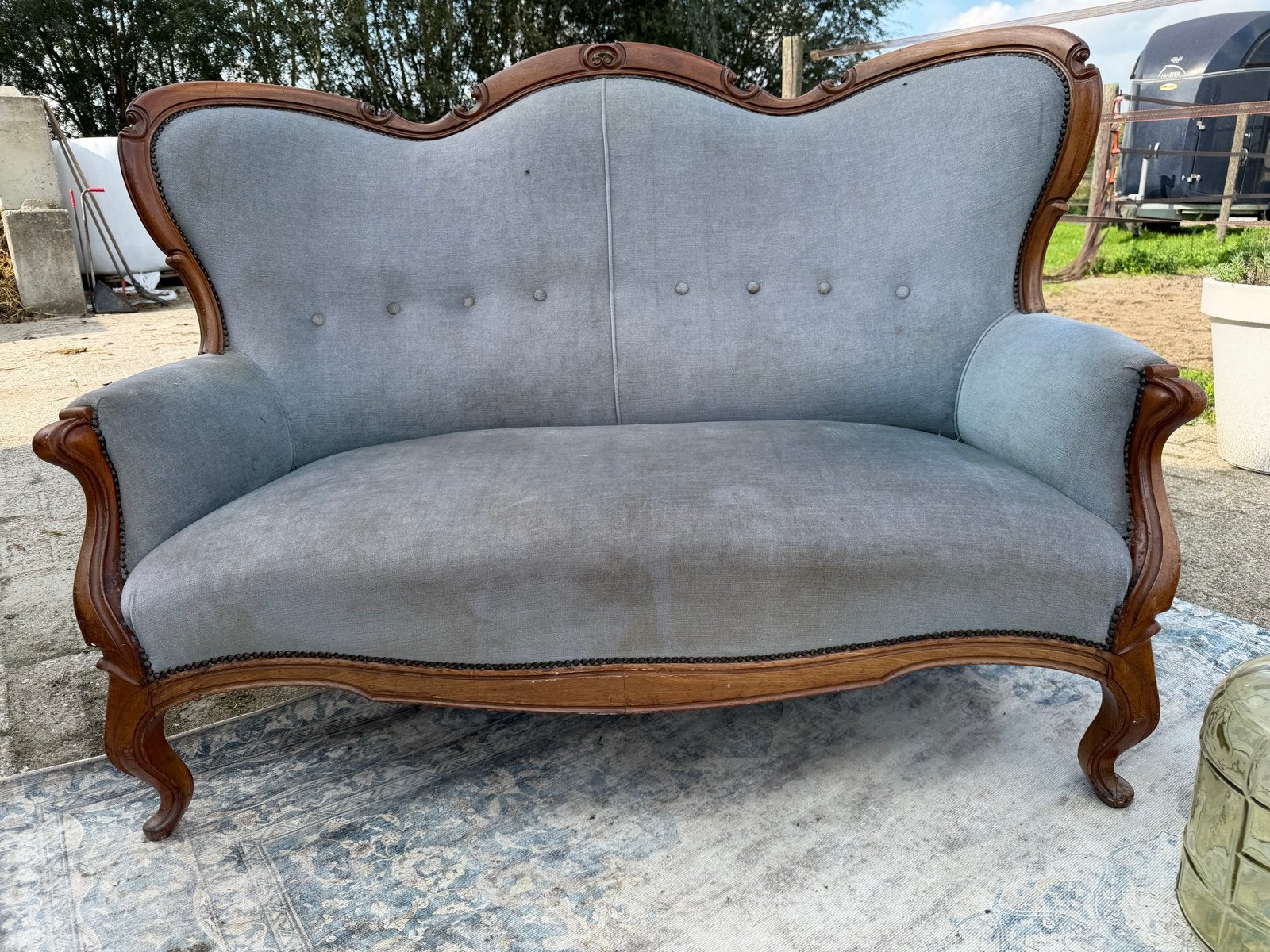 Antieke Louis XV Stijl Bank - Grijs/blauw Gestoffeerd, Ophalen of Verzenden