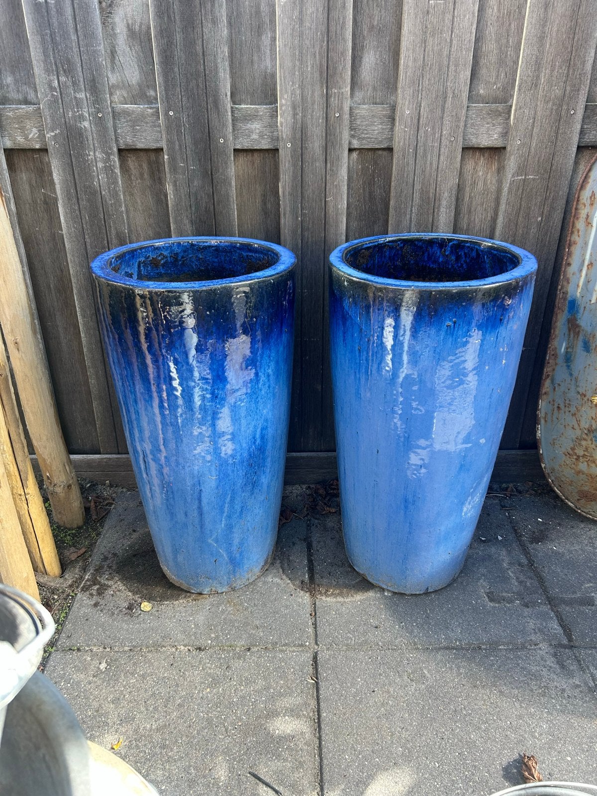 Twee grote keramieken blauwe potten, 80 cm hoog, Ophalen, Gebruikt