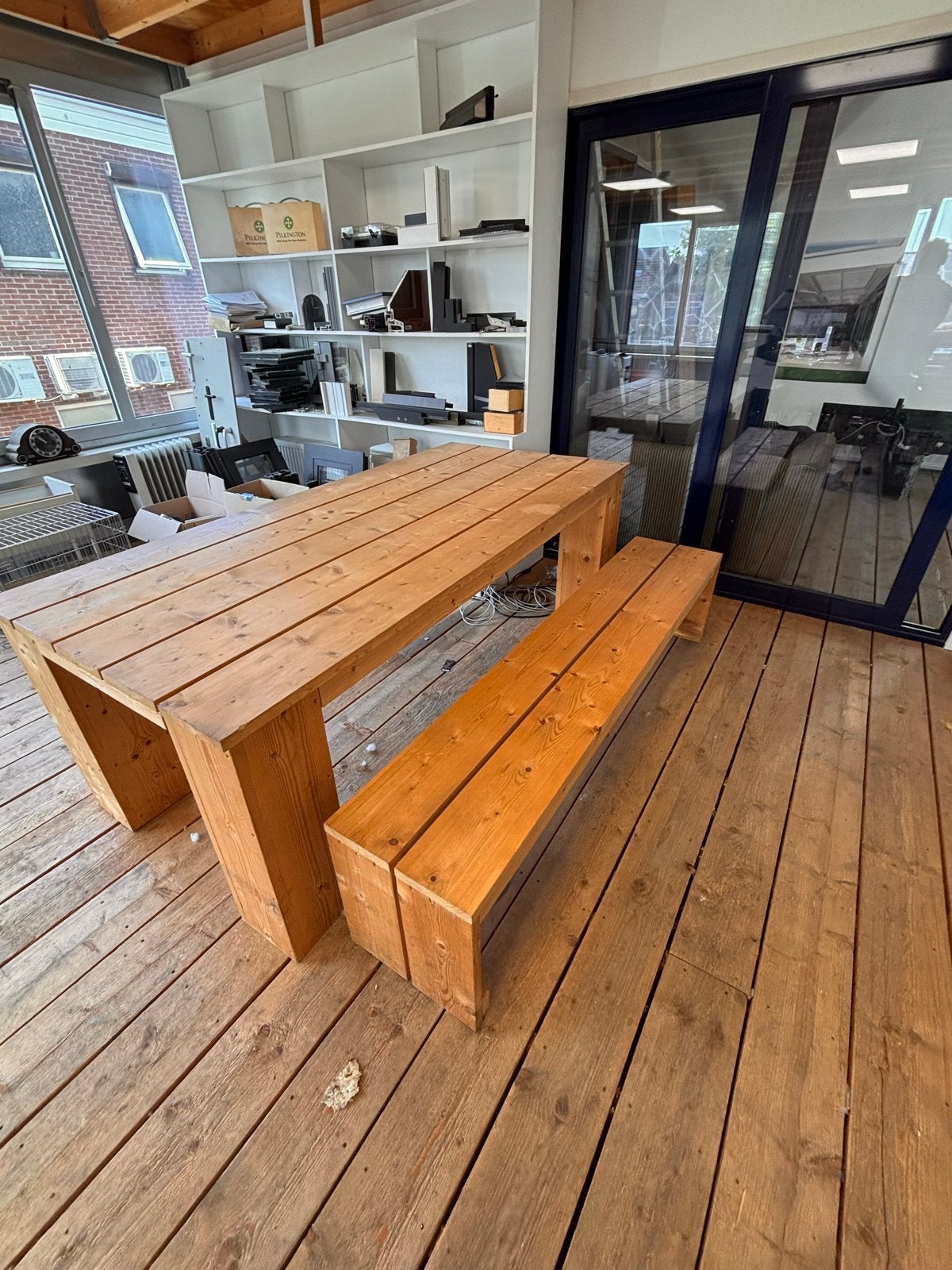 Steigerhouten tafel met bank - 220x100 cm, Gebruikt, 100 tot 150 cm, 200 cm of meer, Ophalen of Verzenden