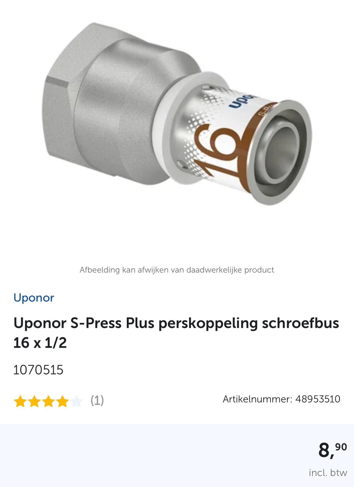 Uponor S-Press Plus perskoppeling schroefbus 16 x 1/2, Ophalen, Nieuw, Overige typen