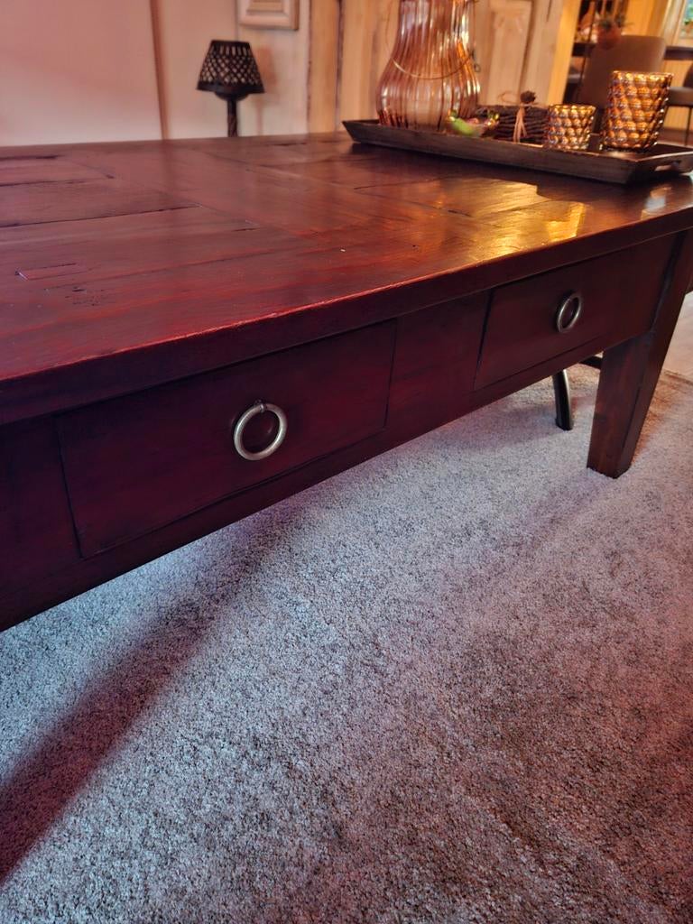 Teakhouten koloniale salontafel met 2 lades (140x80x50), Huis en Inrichting, Tafels | Salontafels, Ophalen, 100 tot 150 cm, 50 tot 75 cm