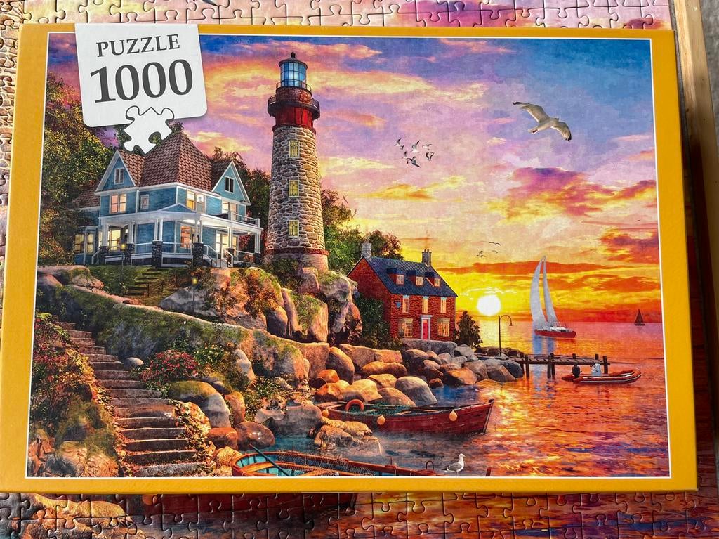 Legpuzzel 1000 stukjes - Vuurtoren zonsondergang, Ophalen of Verzenden, 500 t/m 1500 stukjes, Zo goed als nieuw, Legpuzzel