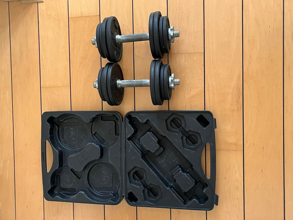Dumbbellset Domyos 20 kg met koffer, Ophalen of Verzenden, Gebruikt, Benen, Halterset