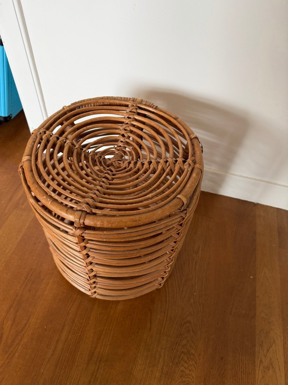 Vintage rotan poef, jaren 60 - Castano/Agnoli stijl, Vintage, Gebruikt, Ophalen of Verzenden, Natuurlijk materiaal