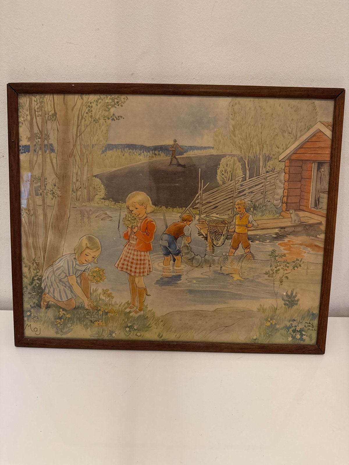 Vintage aquarel: Spelende kinderen bij het water, Antiek en Kunst, Kunst | Schilderijen | Klassiek, Portret of Personen, Ophalen of Verzenden