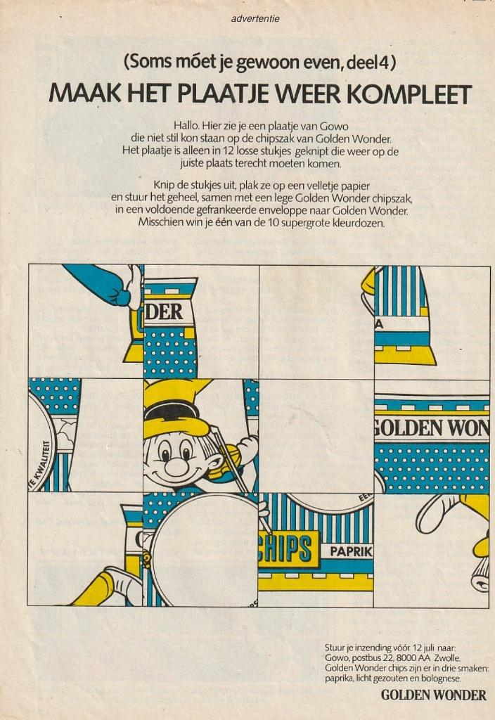 Retro reclame 1986 Golden Wonder chips plaatje weer compleet, Verzenden, Overige typen